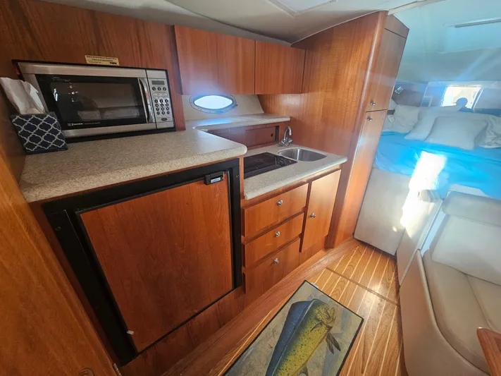 Deep Rapture Yacht Photos Pics 2003 Tiara Yachts 3100 Open LE interior with kitchenette, microwave, and cozy cabin space.