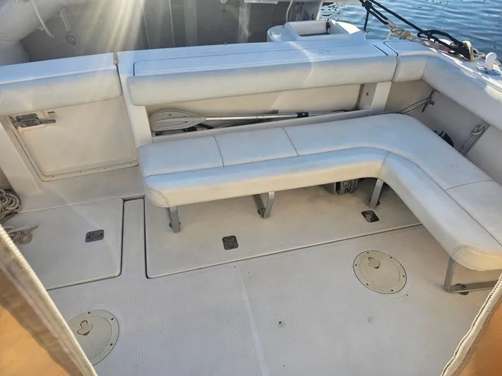Deep Rapture Yacht Photos Pics 2003 Tiara Yachts 3100 Open LE boat interior with white seating and deck.