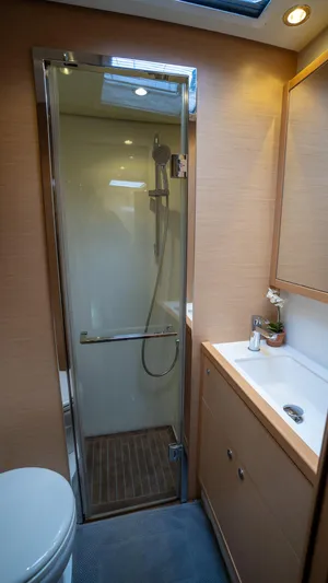 Respite At Sea Yacht Photos Pics Guest Shower, Vanity and Toilet