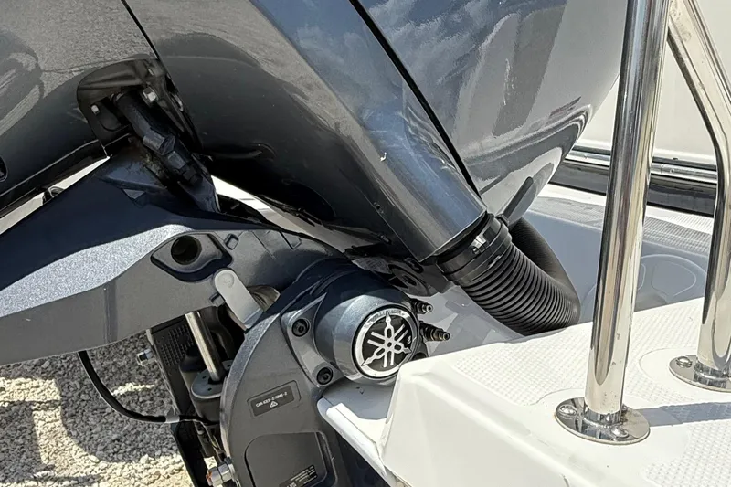  Yacht Photos Pics Close-up of 2025 Ranger Tugs R-23 boat engine and railing detail.