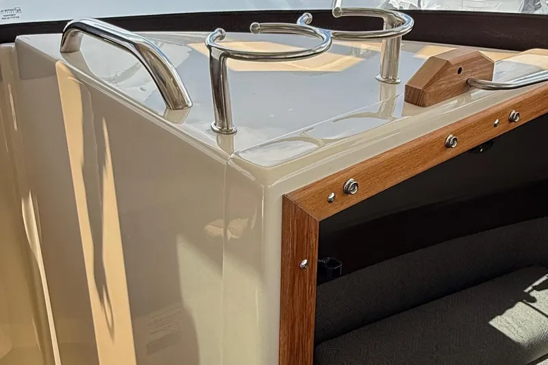  Yacht Photos Pics 2025 Ranger Tugs R-23 interior detail with stainless steel and wood accents.