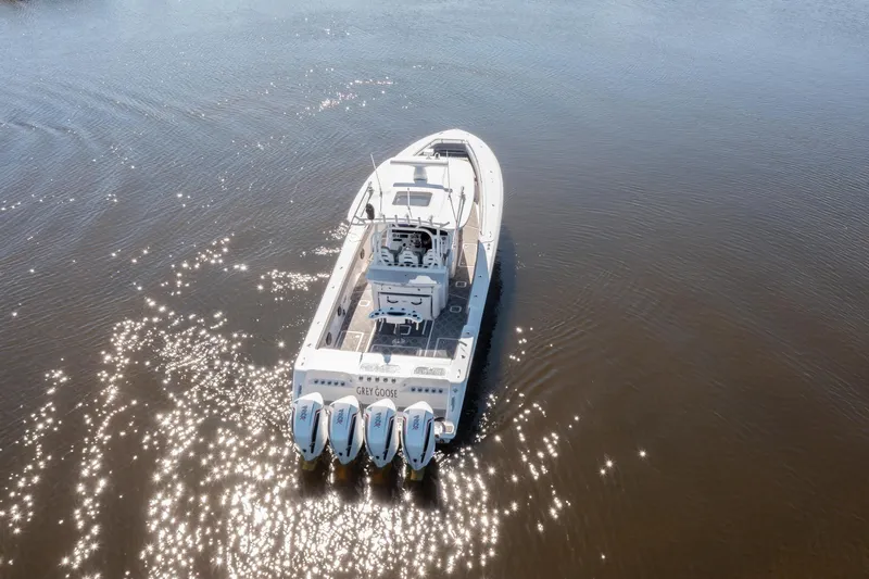 Grey Goose Yacht Photos Pics Aerial view of 2020 Blackwater 43 Sportfish boat on sparkling water.