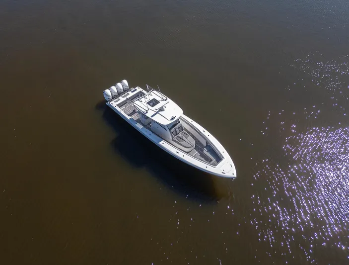 Grey Goose Yacht Photos Pics Aerial view of 2020 Blackwater 43 Sportfish boat on calm water.