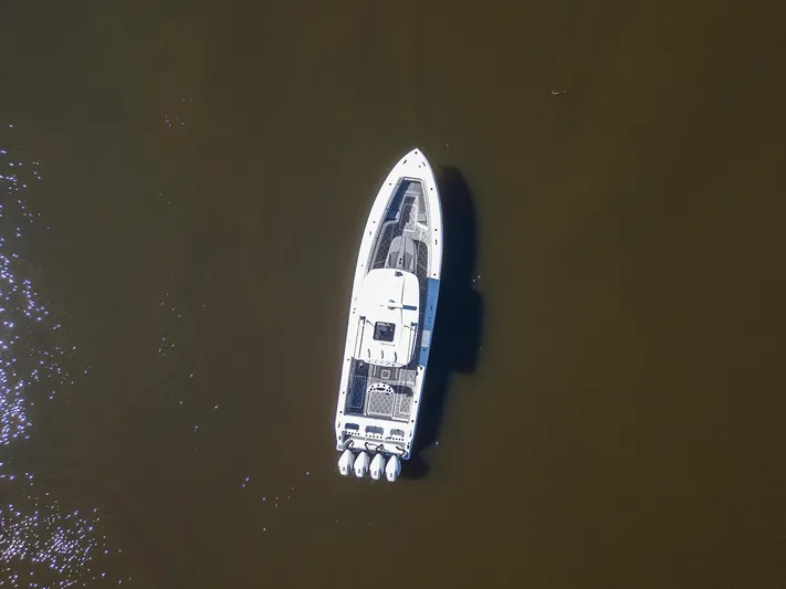Grey Goose Yacht Photos Pics Aerial view of 2020 Blackwater 43 Sportfish boat on calm water.