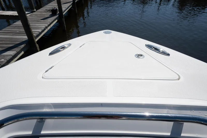 Grey Goose Yacht Photos Pics Bow of 2020 Blackwater 43 Sportfish boat at dock, featuring sleek design and stainless steel fittings.