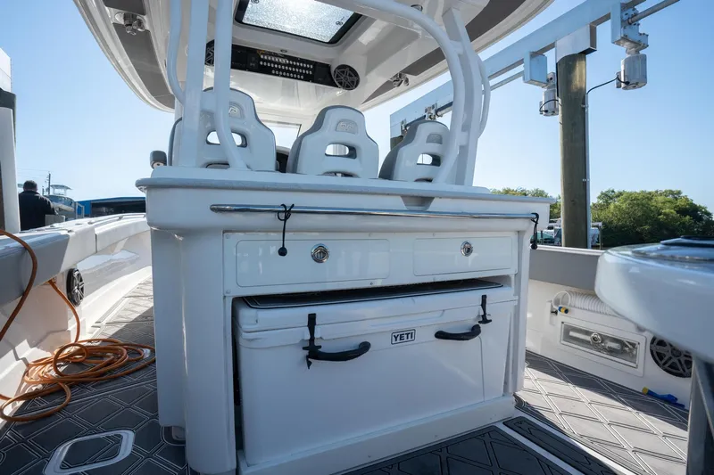 Grey Goose Yacht Photos Pics 2020 Blackwater 43 Sportfish boat interior with seating and storage.