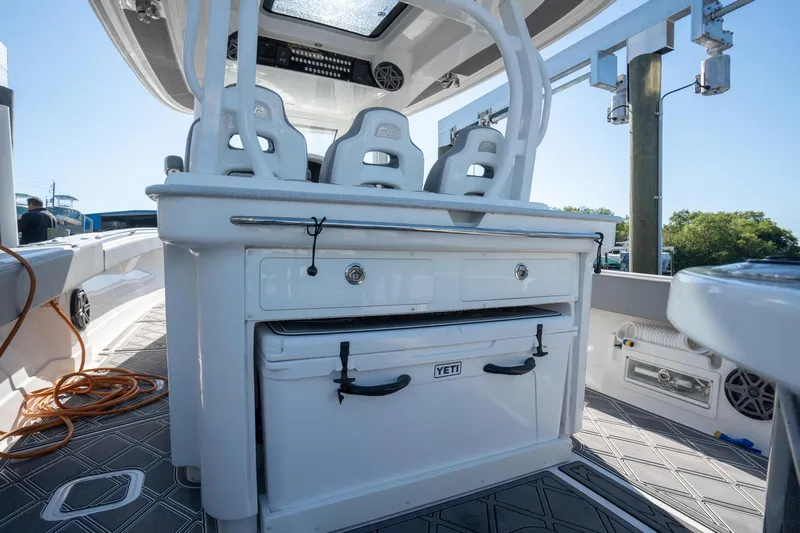 Grey Goose Yacht Photos Pics 2020 Blackwater 43 Sportfish boat interior with seating and storage.