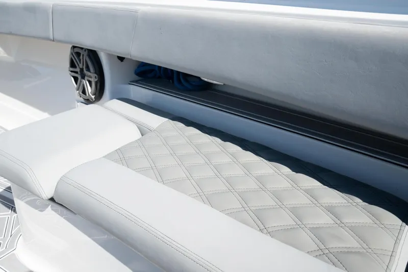 Grey Goose Yacht Photos Pics Luxurious seating on 2020 Blackwater 43 Sportfish boat with diamond-stitched upholstery.