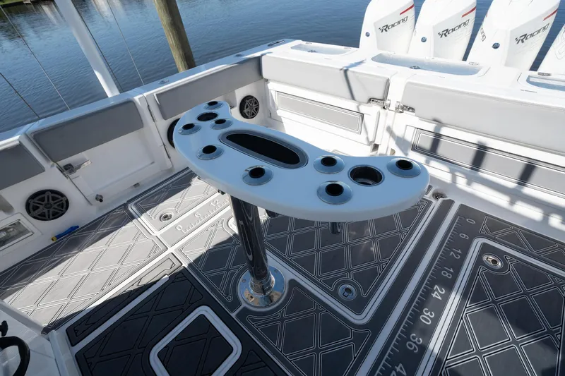 Grey Goose Yacht Photos Pics 2020 Blackwater 43 Sportfish boat deck with rod holders and non-slip flooring.