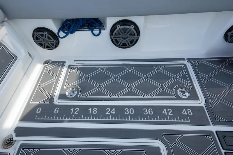 Grey Goose Yacht Photos Pics Deck of 2020 Blackwater 43 Sportfish with ruler and speakers.