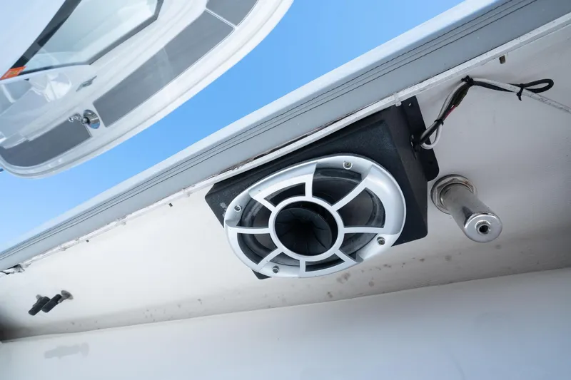 Grey Goose Yacht Photos Pics Speaker and rod holder on 2020 Blackwater 43 Sportfish boat.