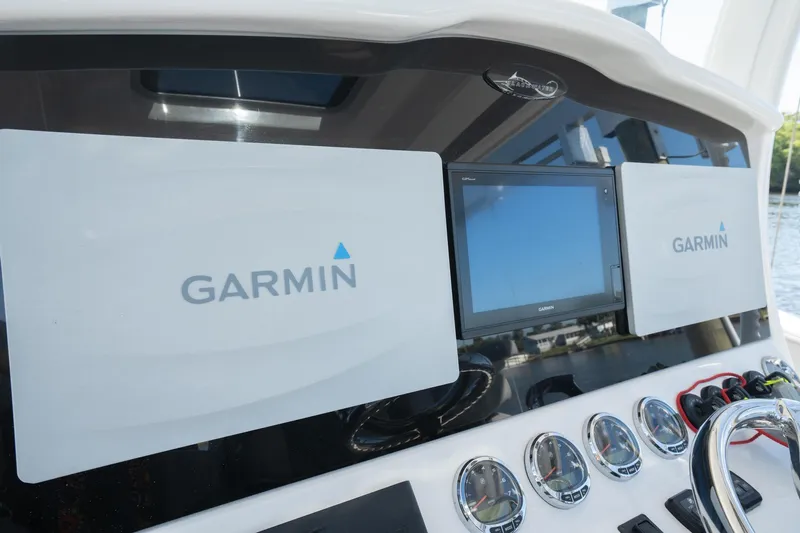 Grey Goose Yacht Photos Pics Dashboard of 2020 Blackwater 43 Sportfish with Garmin navigation displays.