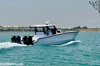 2025 Catamaran 47 Offshore cruising on blue water near rocky shoreline.