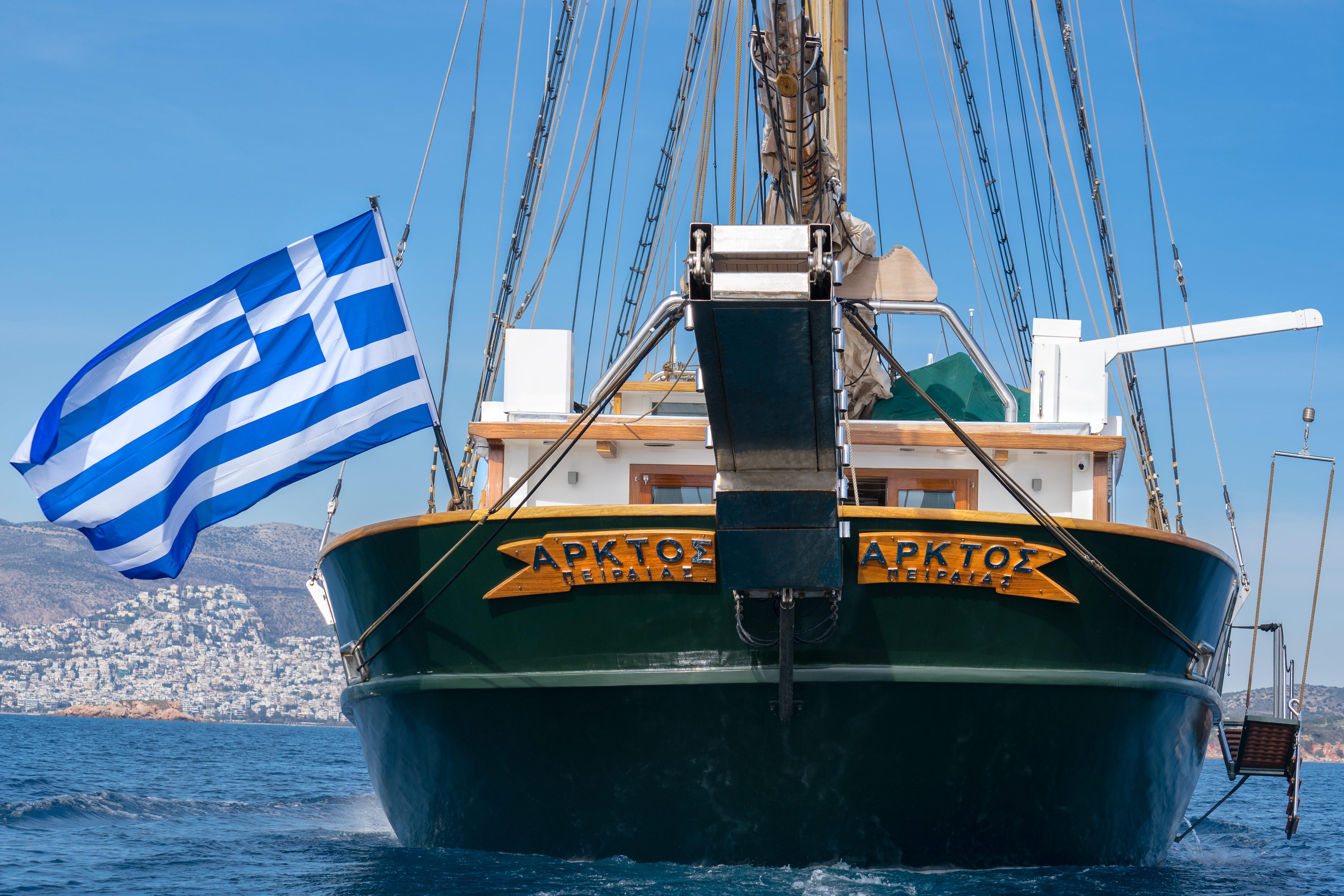 Sailing ship with Greek flag on open sea, custom model, 2004.