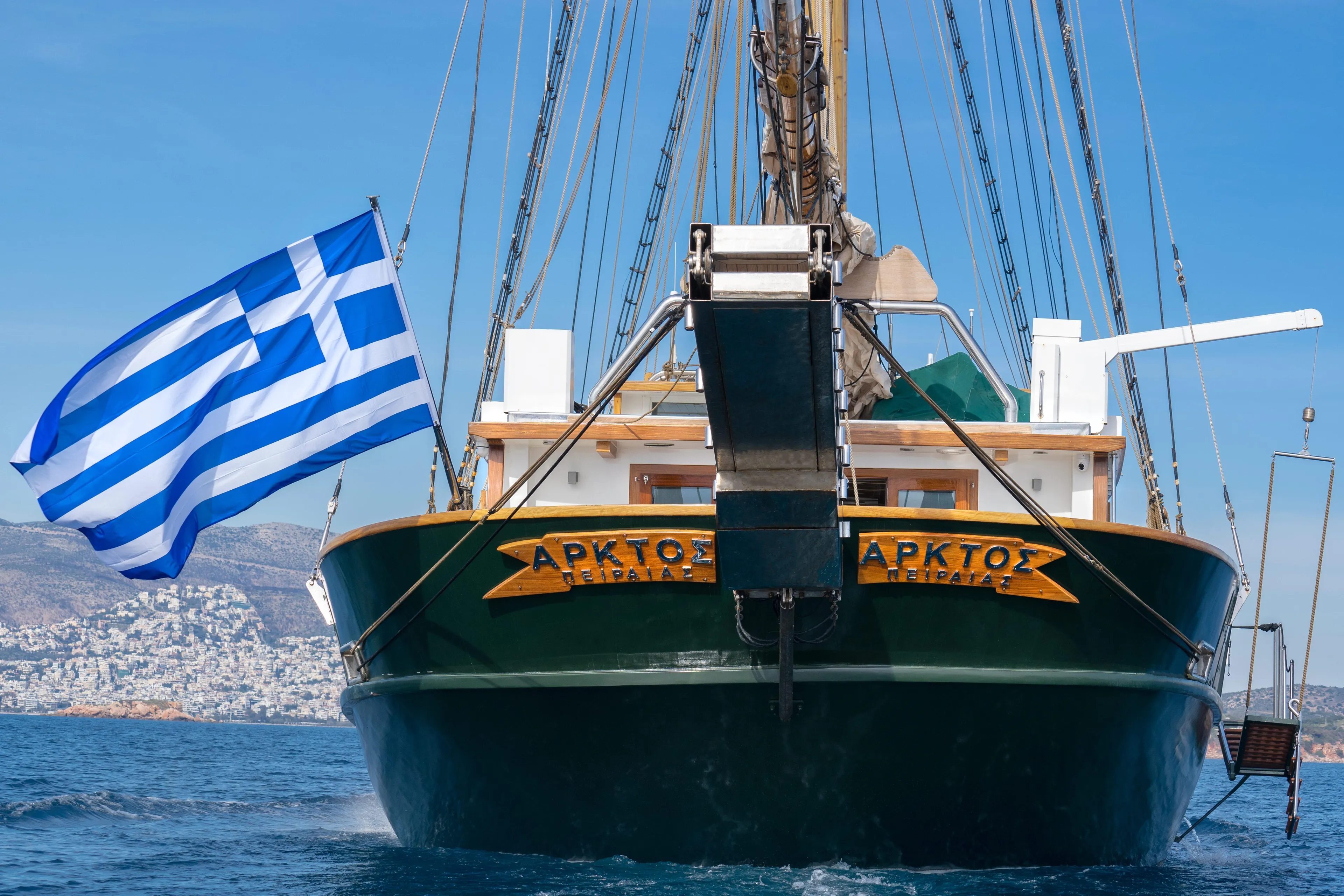 Sailing ship with Greek flag on open sea, custom model, 2004.