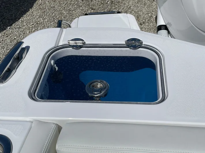 Ice Blue Yacht Photos Pics Livewell on 2024 Everglades 285CC boat, featuring sleek design and functionality.