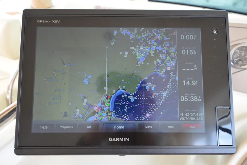 Piper Yacht Photos Pics Garmin GPS display on 2007 Jeanneau Prestige 46 yacht, showing nautical chart and navigation data.
