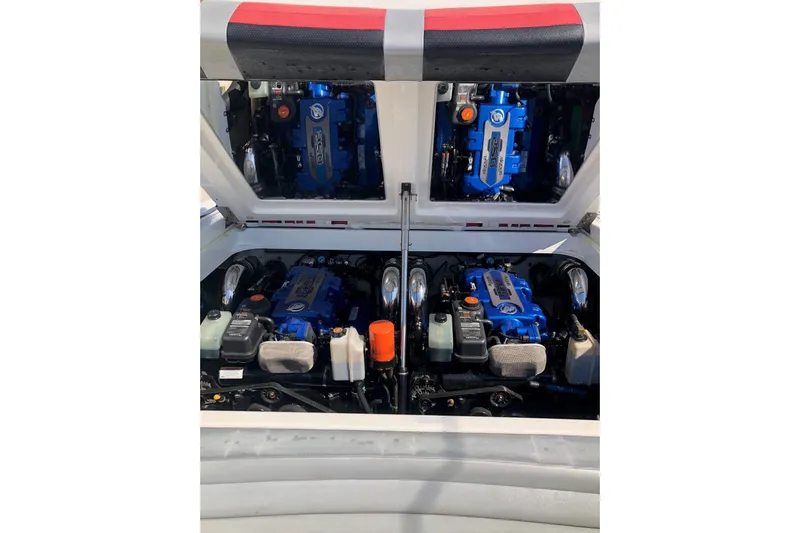  Yacht Photos Pics 2016 Formula 353 FASTech boat engine compartment with twin blue engines.