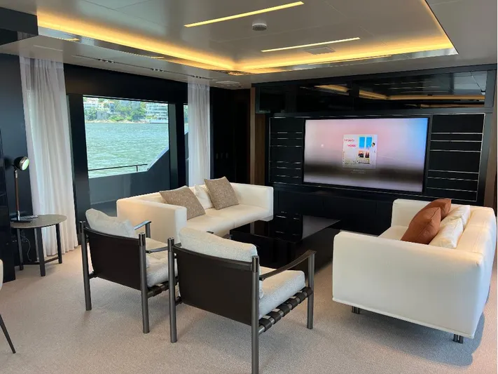 Hk 007 Yacht Photos Pics Luxurious interior of 2024 Riva 102' Corsaro Super yacht with modern seating and large TV.