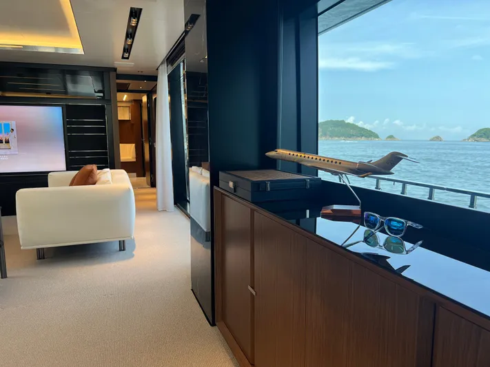 Hk 007 Yacht Photos Pics Luxurious interior of 2024 Riva 102' Corsaro Super yacht with ocean view.