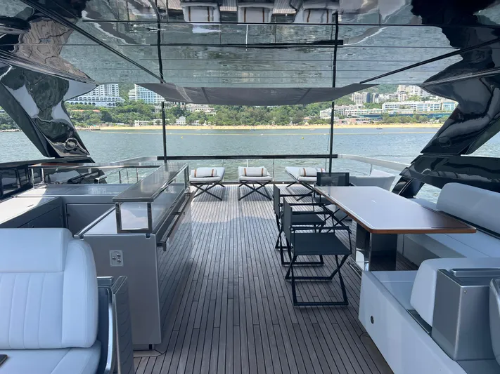 Hk 007 Yacht Photos Pics Luxurious 2024 Riva 102' Corsaro Super yacht deck with elegant seating and scenic waterfront view.