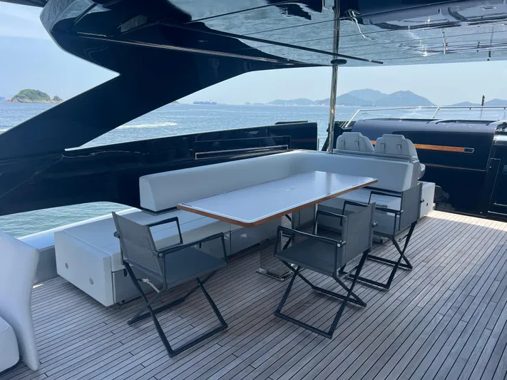 Hk 007 Yacht Photos Pics Luxurious deck of 2024 Riva 102' Corsaro Super yacht with elegant seating.