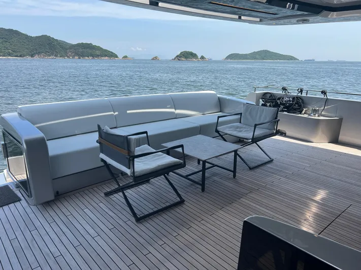 Hk 007 Yacht Photos Pics Luxurious deck of 2024 Riva 102' Corsaro Super yacht with ocean view.