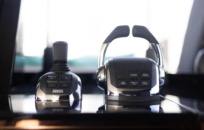 Rockstar 2.0 Yacht Photos Pics Volvo Penta controls on Sunreef 68 Supreme yacht, 2018 model, featuring joystick and throttle.