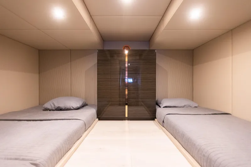 Rockstar 2.0 Yacht Photos Pics Interior of 2018 Sunreef 68 Supreme yacht with twin beds and modern design.