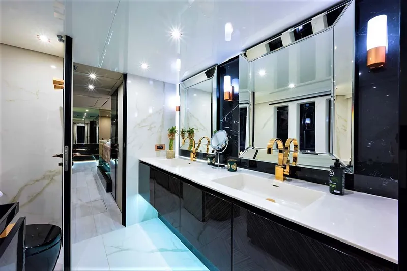 Rockstar 2.0 Yacht Photos Pics Luxurious bathroom interior on 2018 Sunreef 68 Supreme yacht with modern fixtures and elegant design.