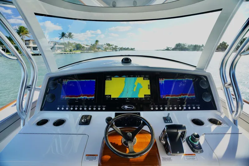 Rhyde Yacht Photos Pics 2021 Valhalla Boatworks V46 helm with advanced navigation displays and controls.