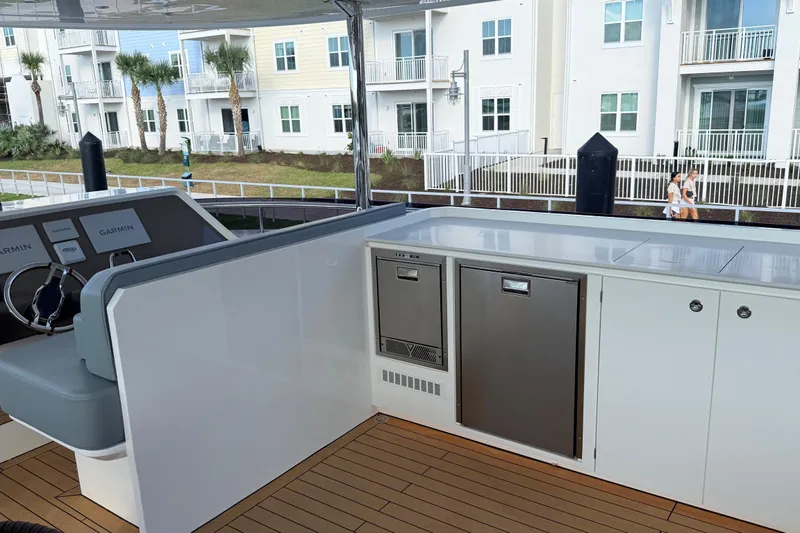 Paso Doble Yacht Photos Pics Outdoor kitchen on Granocean W72 yacht, featuring stainless steel appliances and modern design, 2025 model.