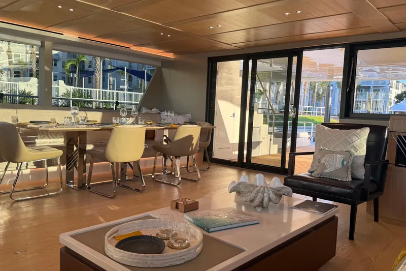 Paso Doble Yacht Photos Pics Luxurious Granocean W72 yacht interior with elegant dining area and modern decor, 2025 model.