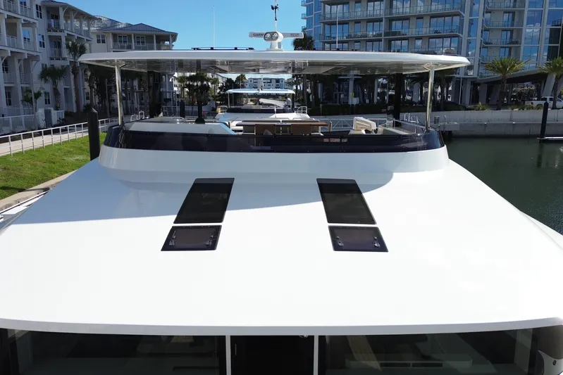 Paso Doble Yacht Photos Pics Luxury Granocean W72 yacht docked, showcasing sleek design and modern architecture, 2025 model.