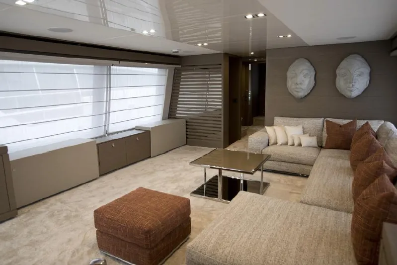  Yacht Photos Pics Luxurious interior of 2020 Custom Line Navetta 28 yacht with modern decor and plush seating.