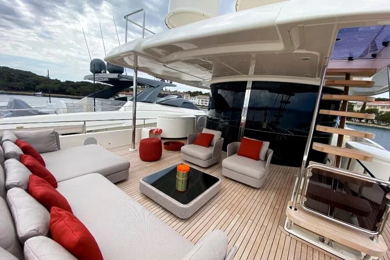  Yacht Photos Pics Luxurious 2020 Custom Line Navetta 28 yacht deck with elegant seating and modern design.