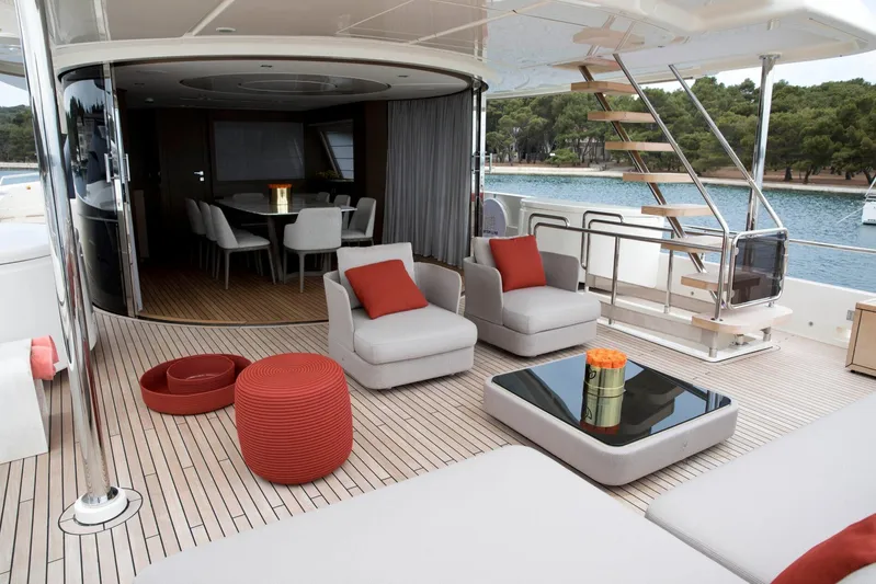  Yacht Photos Pics Luxurious 2020 Custom Line Navetta 28 yacht deck with modern seating and elegant decor.