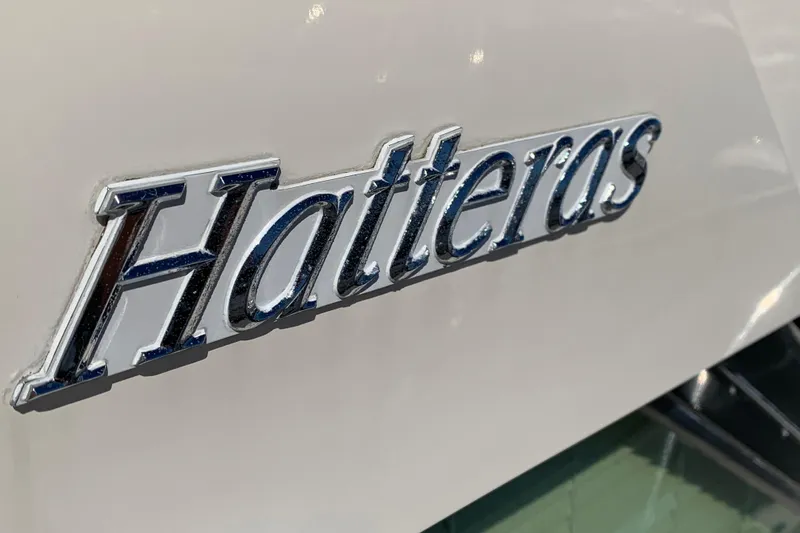 Sea Trial Yacht Photos Pics Chrome "Hatteras" logo on 1991 Hatteras 40 Motor Yacht.