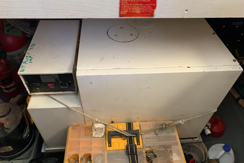 Sea Trial Yacht Photos Pics Engine room of 1991 Hatteras 40 Motor Yacht with equipment and storage box.