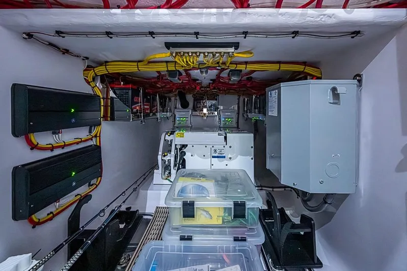  Yacht Photos Pics Electrical system setup in a Sparks 46, 2025 model, featuring organized wiring and components.