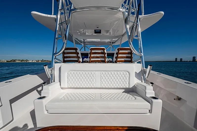  Yacht Photos Pics Luxury Sparks 46 yacht interior, 2025 model, featuring elegant seating and ocean view.
