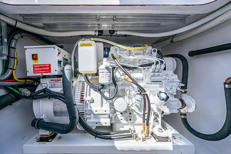  Yacht Photos Pics Engine compartment of 2025 Sparks 46 model, featuring complex wiring and components.