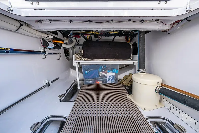  Yacht Photos Pics Interior view of Sparks 46 boat model, showcasing storage and equipment, 2025.