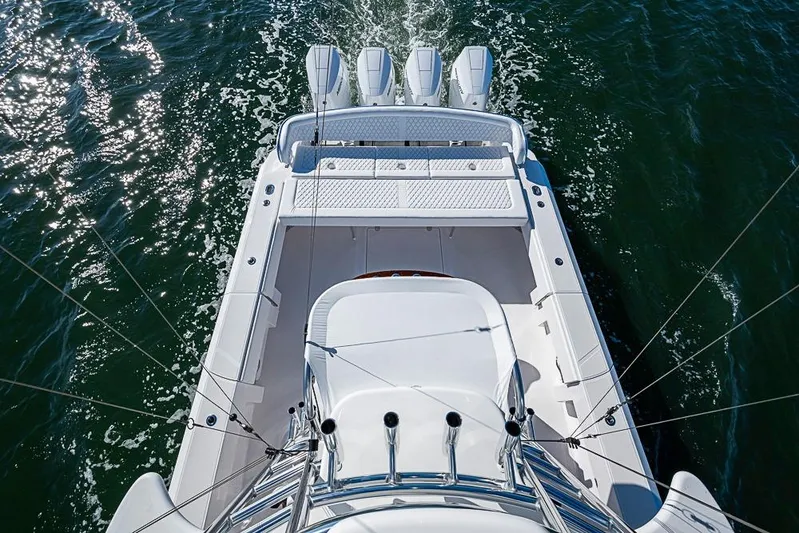  Yacht Photos Pics Aerial view of 2025 Sparks 46 boat with four engines on open water.