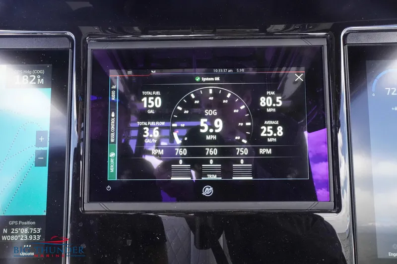  Yacht Photos Pics Dashboard display of a 2023 Fountain 38 TE showing speed, fuel, and RPM metrics.