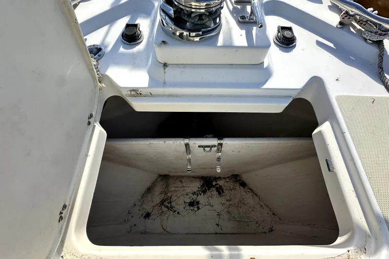 Destiny Yacht Photos Pics Open storage compartment on 2007 Sabre 34 Express boat deck.