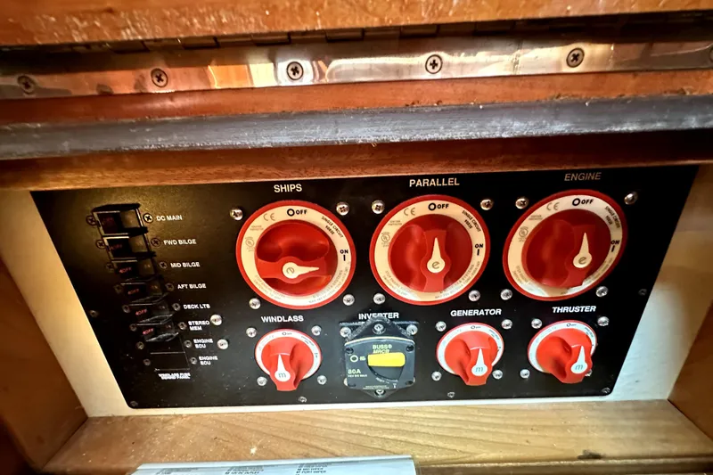 Destiny Yacht Photos Pics Electrical control panel of 2007 Sabre 34 Express boat with switches and dials.