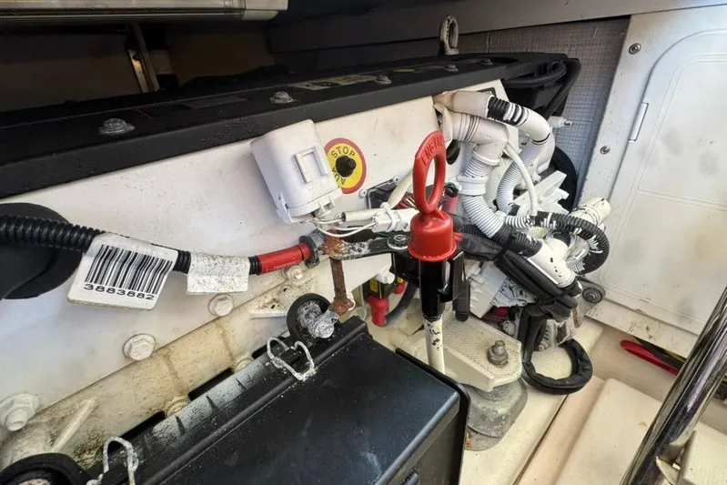 Destiny Yacht Photos Pics Engine compartment of a 2007 Sabre 34 Express boat, showing wiring and components.