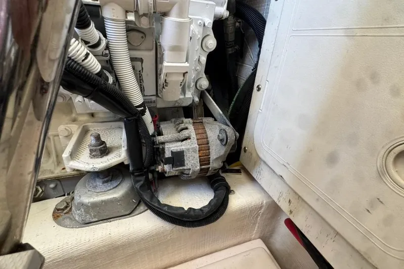 Destiny Yacht Photos Pics Engine compartment of 2007 Sabre 34 Express boat, showing mechanical components and wiring.