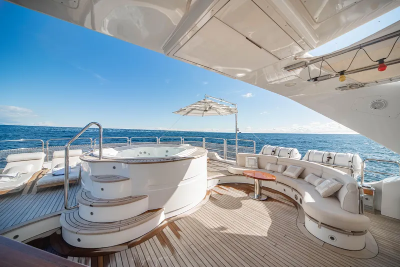 Checkmate Yacht Photos Pics Luxurious Benetti 44 yacht deck with jacuzzi and seating, 2013 model, ocean view.